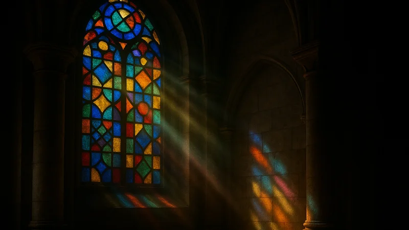 Groot glas-in-loodraam dat gekleurd licht in een kerkinterieur werpt