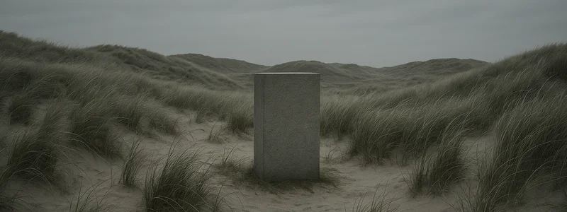 Sober gedenkteken in een duinlandschap onder een bewolkte hemel
