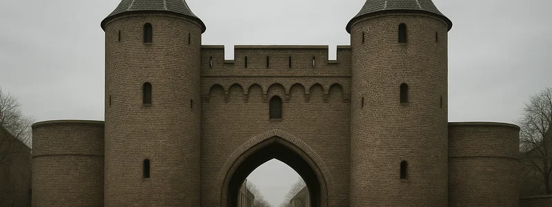 Middeleeuwse stadspoort met bakstenen torens aan de rand van een oud stadscentrum